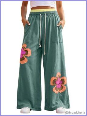 Womens Patchwork Floral Straight Leg Trousers High Rise Drawstring